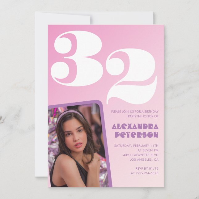 Invitations rose 32e anniversaire Retro Photo (Devant)