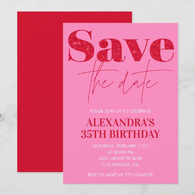 Invitations rose 35e anniversaire Save the date Ch (Devant / Derrière)