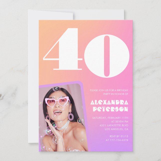 Invitations rose 40e anniversaire Retro Photo (Devant)