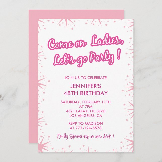 Invitations rose 48e anniversaire Sparkle Girl (Devant / Derrière)