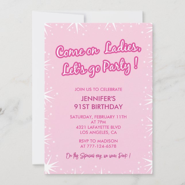 Invitations rose 91e anniversaire Sparkle tendance (Devant)