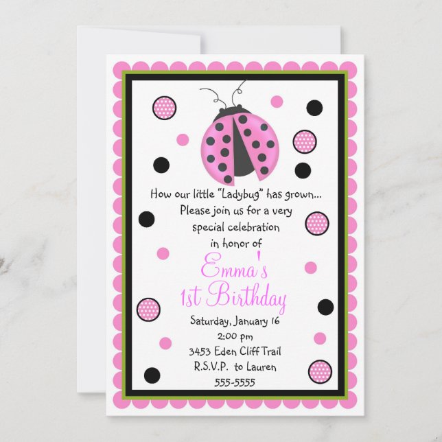 Invitations roses d'anniversaire de coccinelle (Devant)