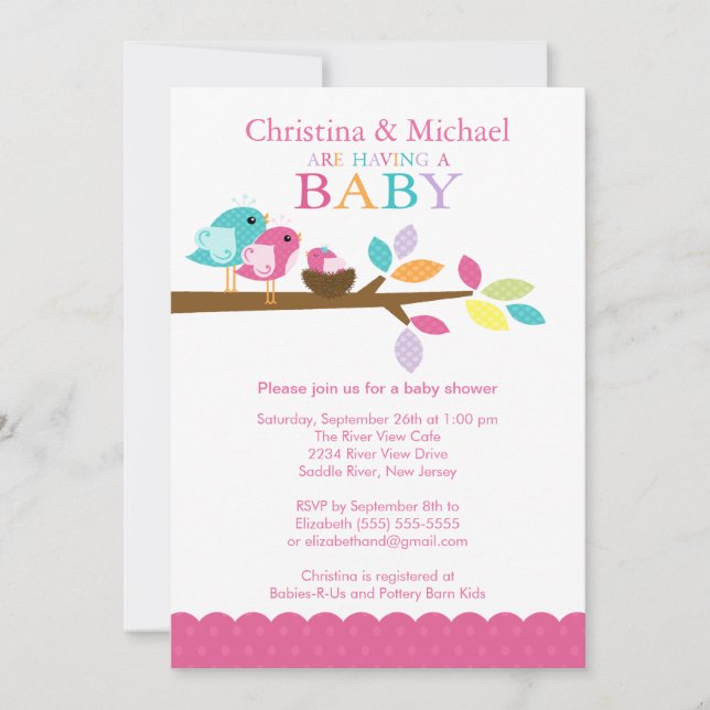 Invitations roses de baby shower de nid d'oiseau (Devant)