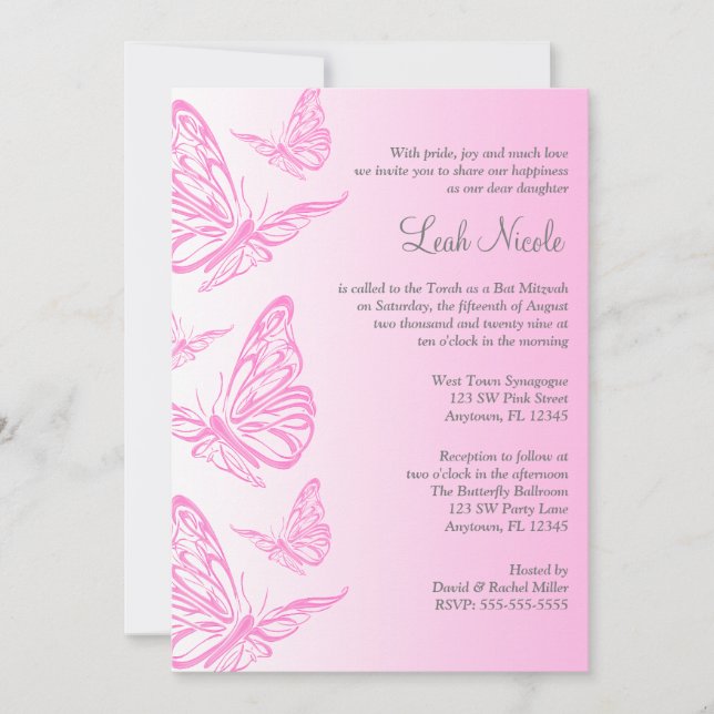 Invitations roses de bat mitzvah de papillon de (Devant)
