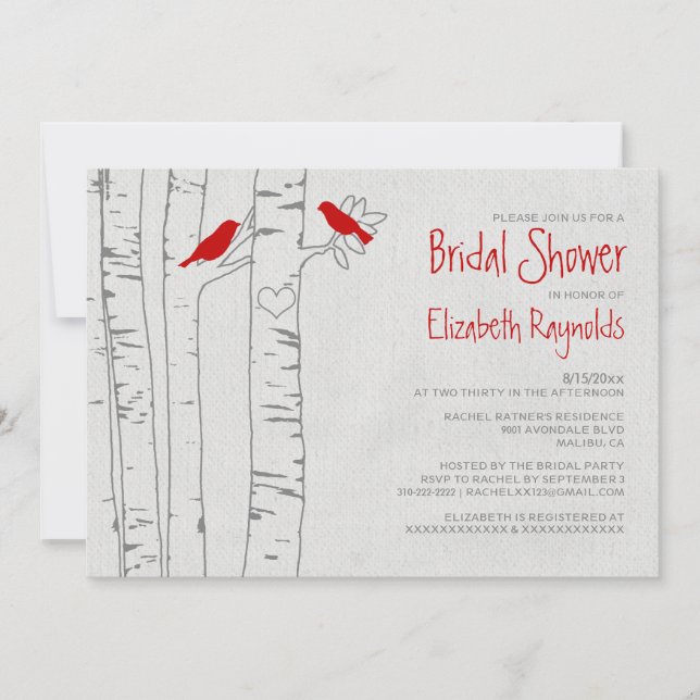 Invitations rouges de Fête de la mariée d'oiseaux (Devant)