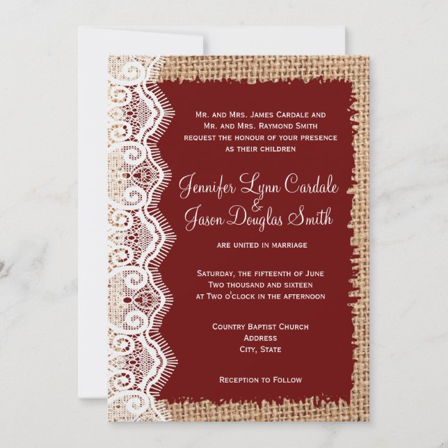 Invitations rouges de mariage de pays de dentelle (Devant)