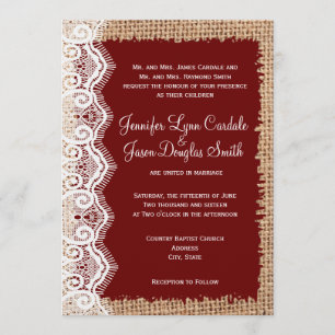 Invitations rouges de mariage de pays de dentelle