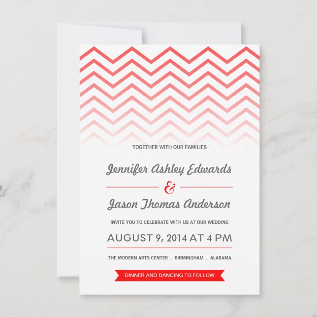 Invitations rouges de mariage d'Ombre Chevron (Devant)