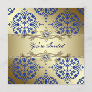 Invitations Royal Blue Gold Damask Party