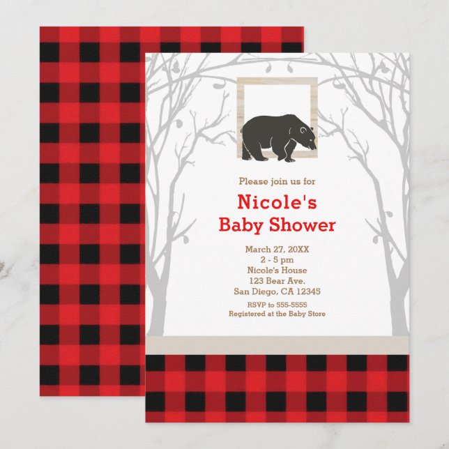 Invitations Rustique Ours Plaid Baby Shower (Devant / Derrière)