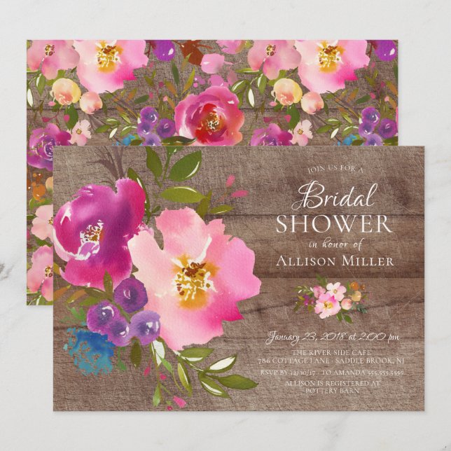 Invitations Rustique Rose Floral Douche nuptiale (Devant / Derrière)