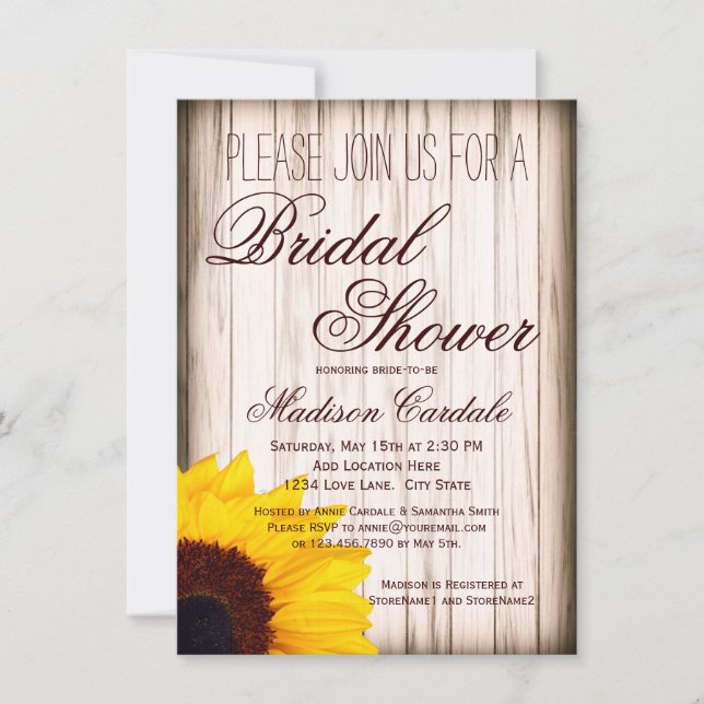 Invitations Rustique Sunflower Wood Bridal Douche (Devant)