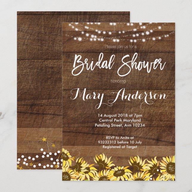 Invitations Rustique Sunflower Wood Bridal Douche (Devant / Derrière)
