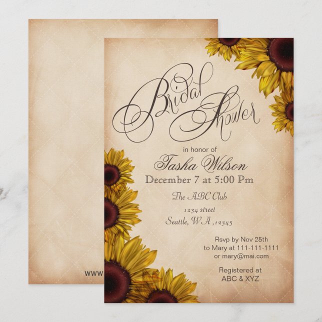 Invitations Rustique Sunflowers Bridal Show (Devant / Derrière)