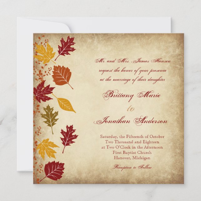 Invitations rustiques de mariage de automne (Devant)