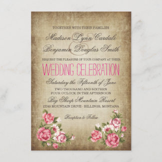 Invitations rustiques de mariage de roses roses