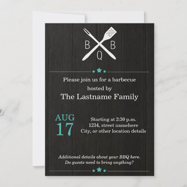Invitations rustiques et modernes de BBQ dans Teal (Devant)