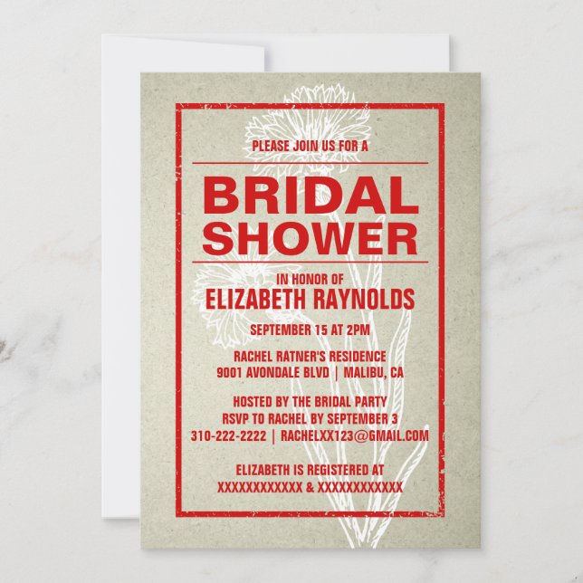 Invitations Rustiques Red & White de douche nuptia (Devant)
