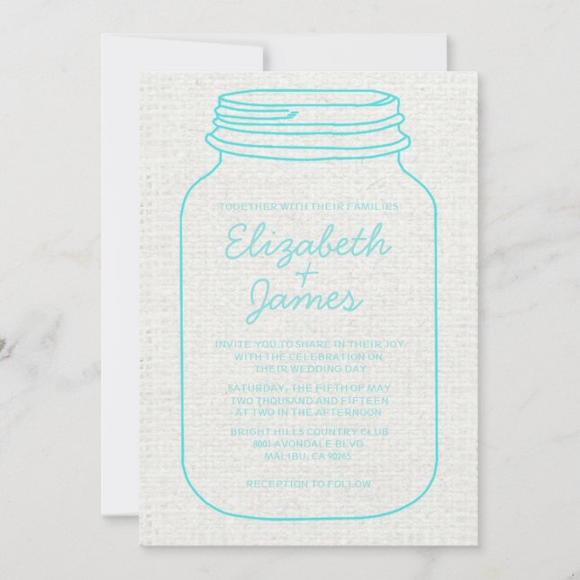 Invitations rustiques turquoises de mariage de pot (Devant)