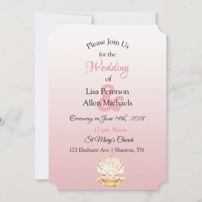 Invitations Seaside Coral Clam et Pearl Wedding (Devant)