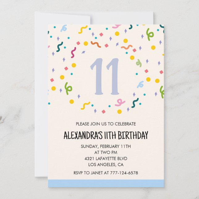 Invitations simples 11e anniversaire Confetti Mode (Devant)