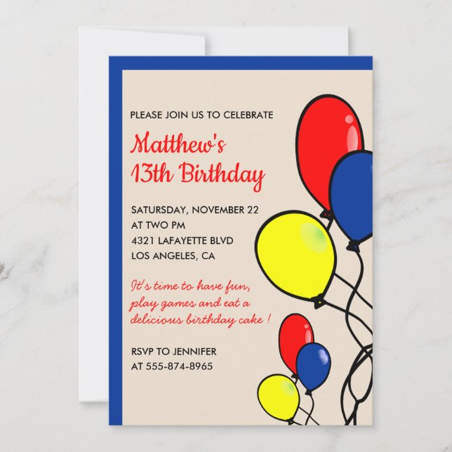 Invitations simples 13e anniversaire Ballons Boy (Devant)