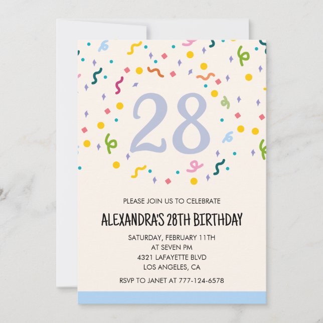 Invitations simples 28e anniversaire Confetti Mode (Devant)