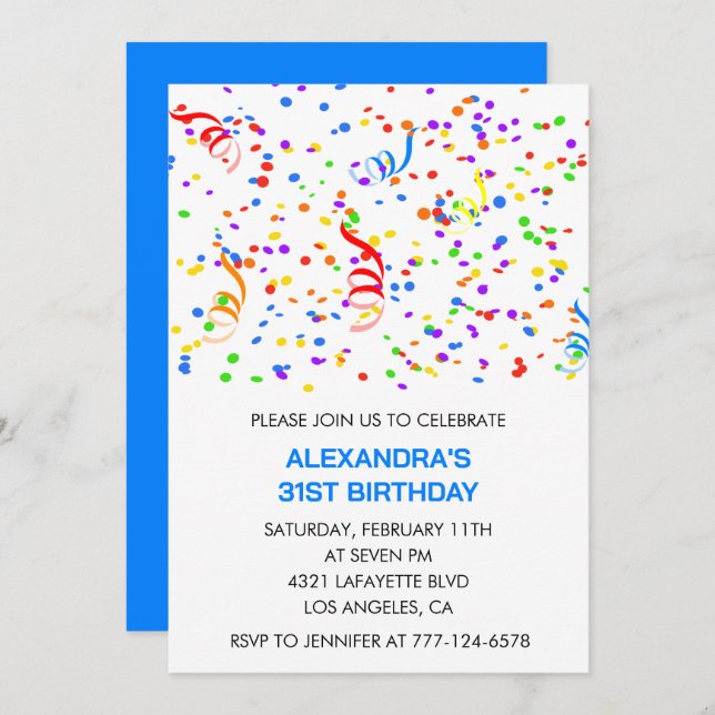 Invitations simples 31e anniversaire Confetti Rain (Devant / Derrière)