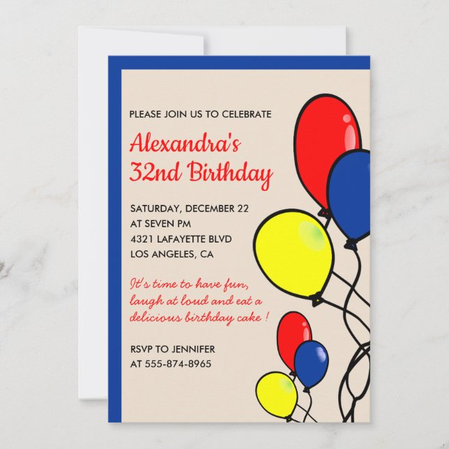 Invitations simples 32e anniversaire Ballons (Devant)