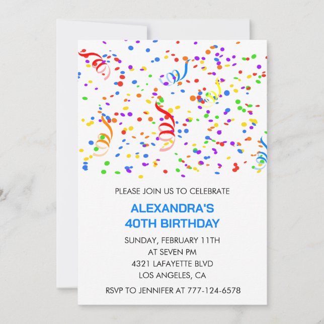 Invitations simples 40e anniversaire Confetti Rain (Devant)