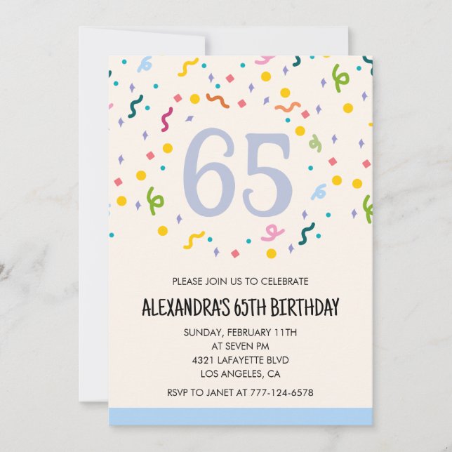Invitations simples 65e anniversaire Confetti Mode (Devant)