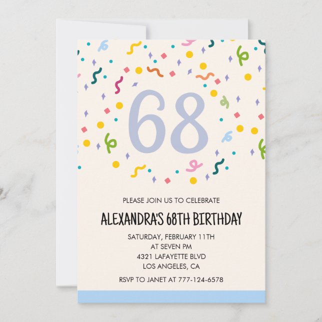 Invitations simples 68e anniversaire Confetti Mode (Devant)