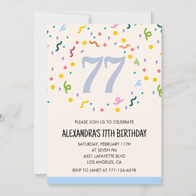 Invitations simples 77e anniversaire Confetti Mode (Devant)