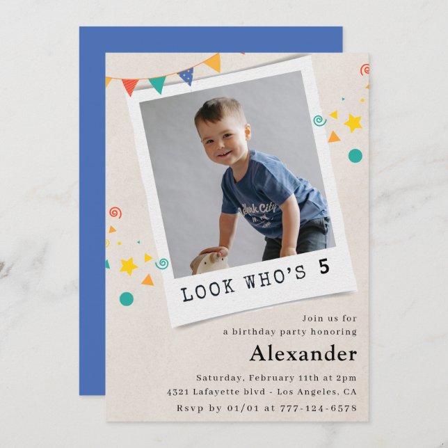 Invitations simples à 5 ans Photo bleue (Devant / Derrière)