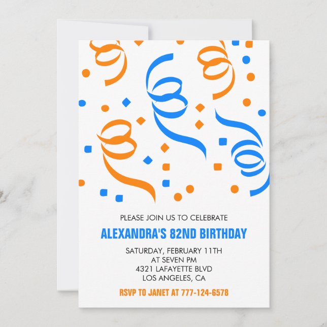 Invitations simples Confetti 82e anniversaire (Devant)