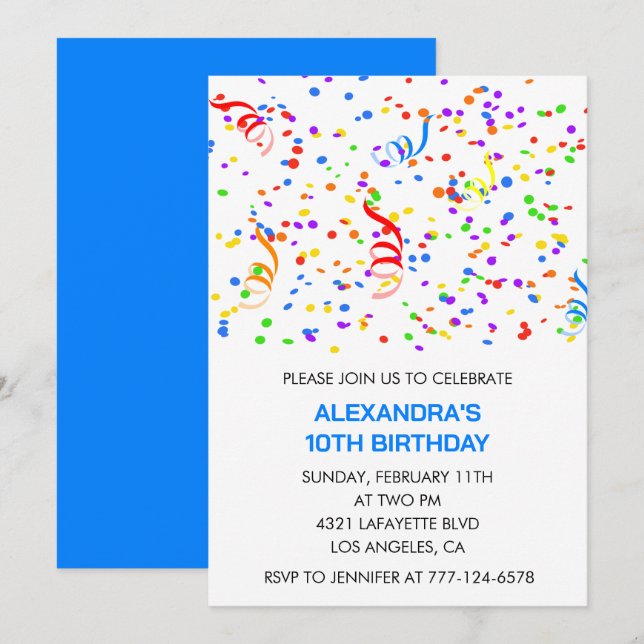 Invitations simples d'anniversaire 10 ans Confetti (Devant / Derrière)