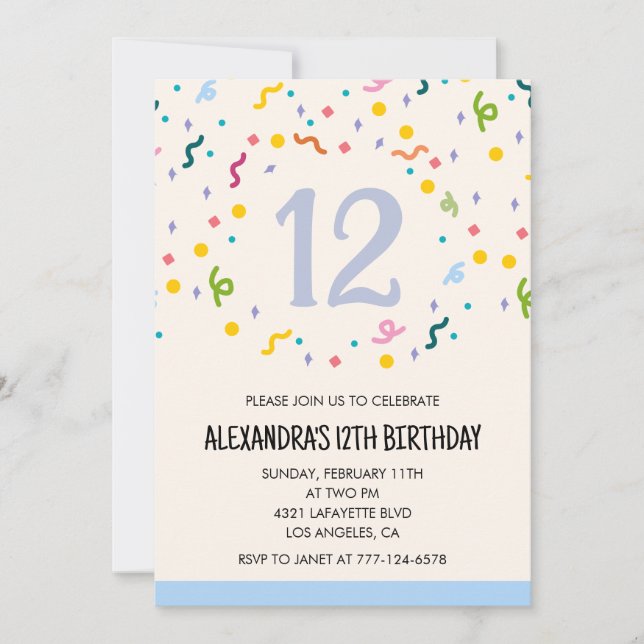 Invitations simples d'anniversaire 12 ans Confetti (Devant)