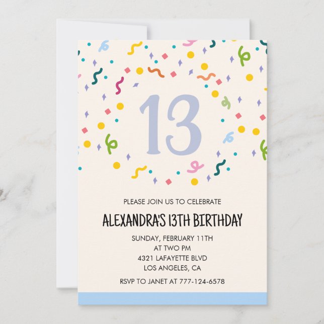 Invitations simples d'anniversaire 13 ans Confetti (Devant)
