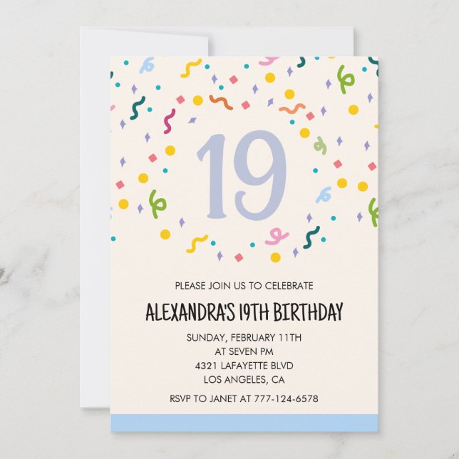 Invitations simples d'anniversaire 19 ans Confetti (Devant)