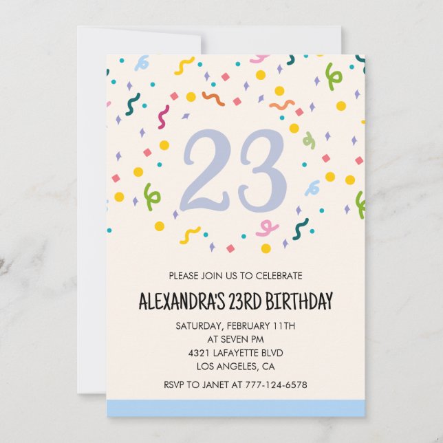 Invitations simples d'anniversaire 23 ans Confetti (Devant)