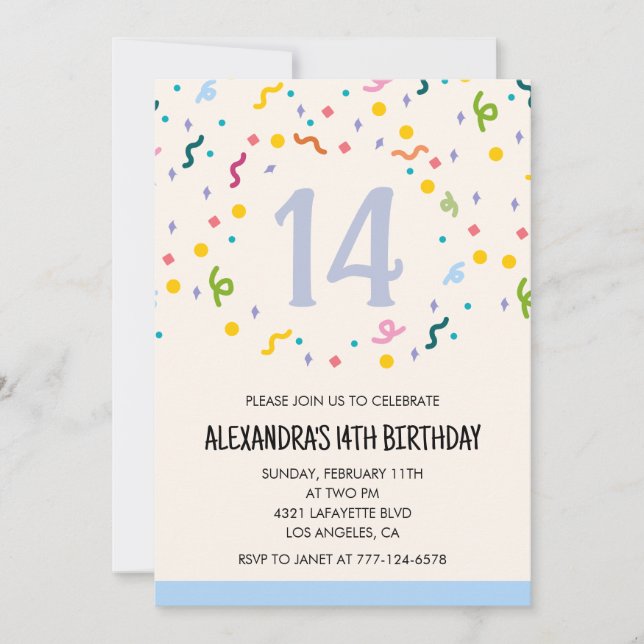 Invitations simples pour 14 ans Confetti Moderne (Devant)