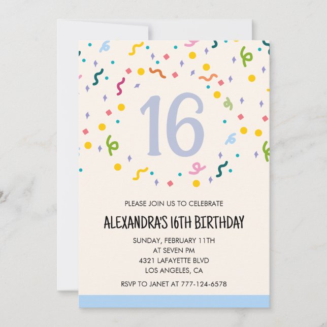 Invitations simples pour 16 ans Anniversaire Confe (Devant)