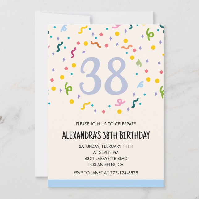Invitations simples pour 38ème anniversaire Confet (Devant)