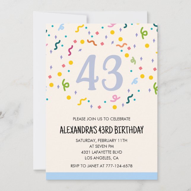 Invitations simples pour 43ème anniversaire Confet (Devant)