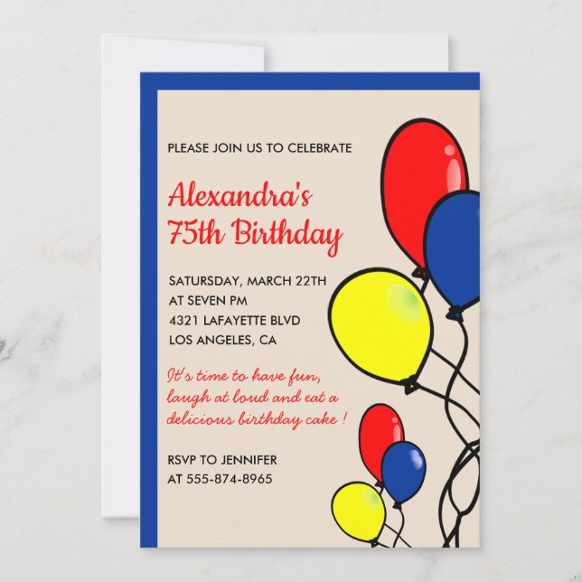 Invitations simples pour 75 ans avec ballons (Devant)