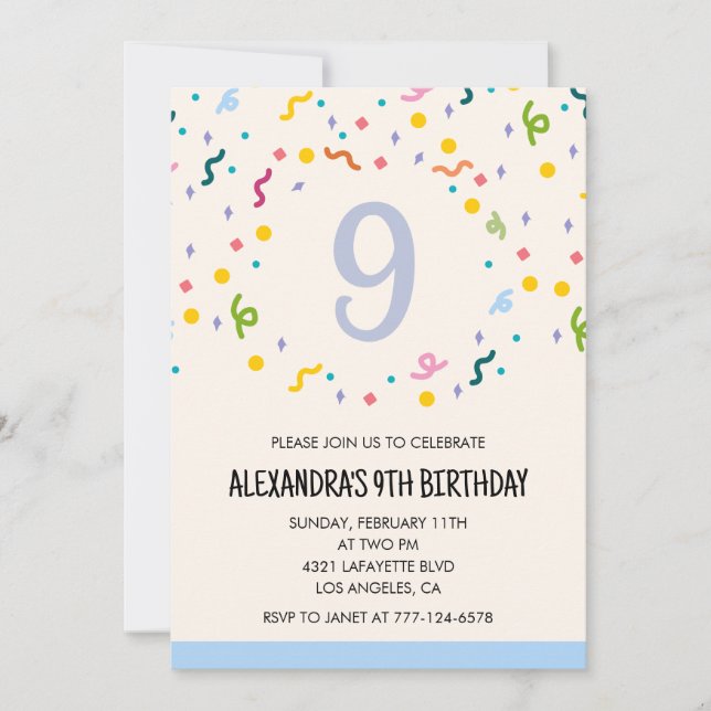 Invitations simples pour un 9e anniversaire Confet (Devant)