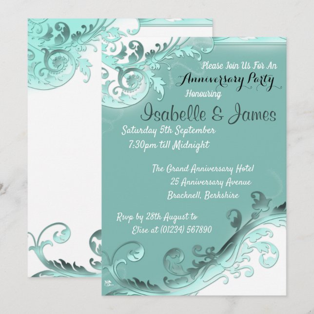 Invitations Soft Turquoise Mariage Anniversaire (Devant / Derrière)