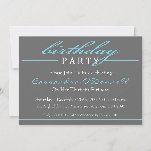 Invitations stylish Birthday Party (Bleu) (Devant)
