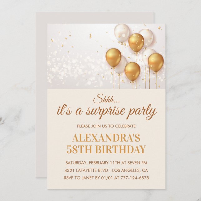 Invitations Surprise 58e anniversaire Gold (Devant / Derrière)