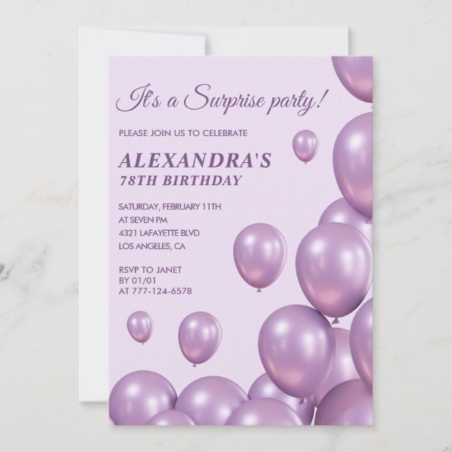 Invitations Surprise 78e anniversaire Ballons viol (Devant)
